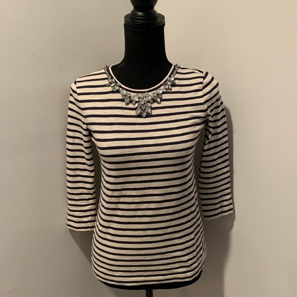 J. Crew 3/4 Sleeve Striped Embellished Top XXS - Picture 2 of 7